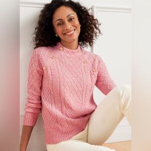 Talbots Women Mock Neck Cable Knit Sweater Pink Button Pullover Long Sleeve M